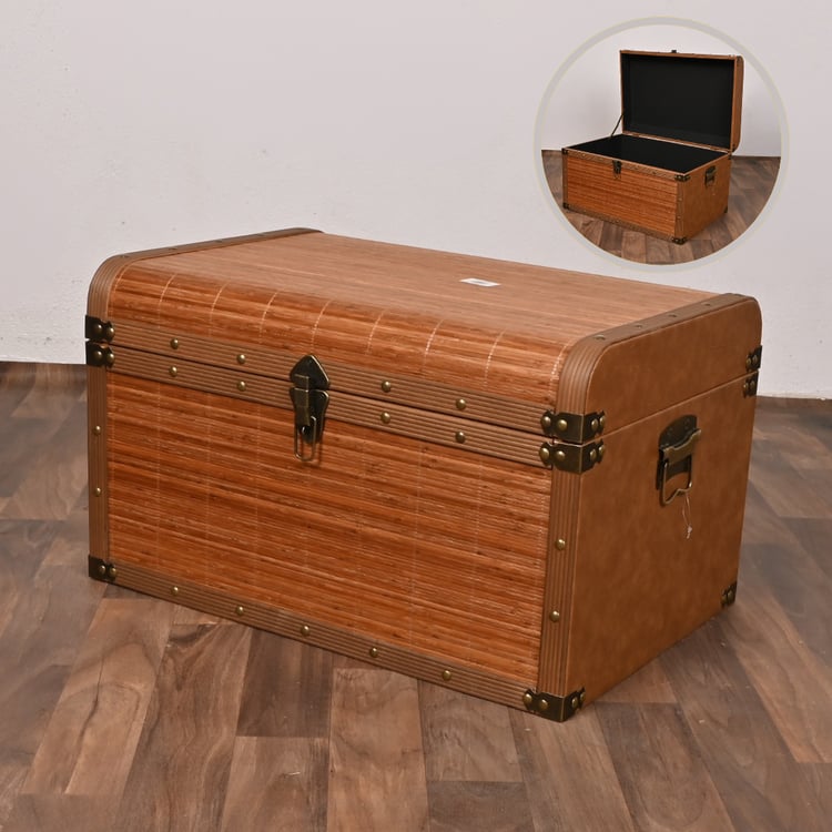 صندوق سجاد خشب ملبس جلد بني مع خشبي 60×41×36 سم مستطيل – صندوق تخزين وتنظيم كلاسيكي فاخر مناسب لغرف النوم والمجالس