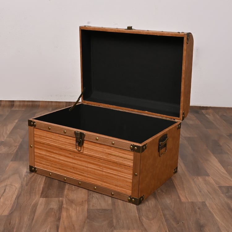 صندوق سجاد خشب ملبس جلد بني مع خشبي 50×35×31 سم مستطيل – صندوق تخزين وتنظيم كلاسيكي فاخر مناسب لغرف النوم والمجالس