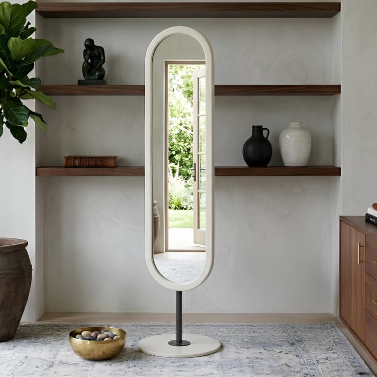 مراية أرضية زينثارا بقاعدة مدورة 169×40 سم لون أبيض – مرآة واقفة كاملة الطول بتصميم عصري فاخر وإطار أنيق للمداخل وغرف النوم وغرف الملابس والديكور الحديث