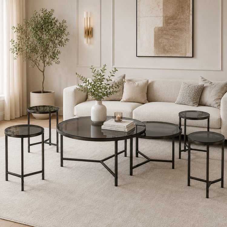 طقم طاولات ضيافة ديماروس 2+4 قطعة – طاولات قهوة بسطح زجاج بني فاخر وتصميم مودرن مميز يضفي لمسة راقية على ديكور المنزل