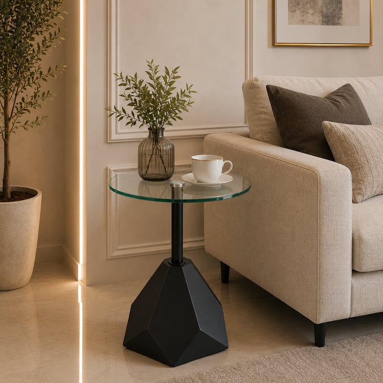طاولة خدمة لافينيو مدورة بسطح زجاج وقاعدة بتصميم هرمي – طاولة جانبية وطاولة قهوة عصرية بتصميم فاخر للمجالس وغرف المعيشة والديكور المنزلي