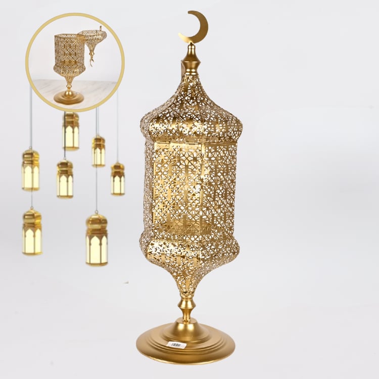 فانوس رمضان حديد ذهبي 72 سم – مناسب للشموع والديكور الرمضاني
