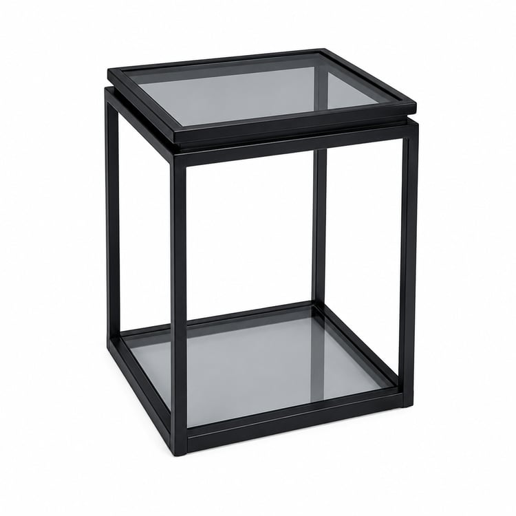 طاولة خدمة ترافيزا دورين مربعة بسطح زجاج أسود وهيكل معدني مقاس 35×35 سم – طاولة جانبية وطاولة قهوة عصرية بتصميم أنيق للمجالس
