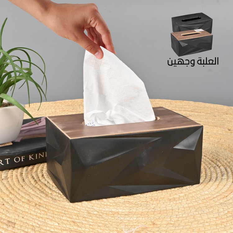 علبة مناديل مستطيلة بلاستيك مفتوحة من الجهتين مع خشب 20.5×13 سم لون أسود – تصميم أنيق لطاولة المنزل