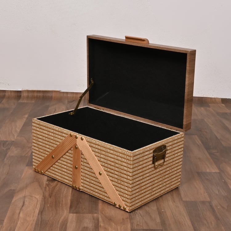 صندوق تخزين سجاد خشبي لون خشبي غامق 43×25.5×26 سم مستطيل – صندوق تنظيم كلاسيكي فاخر مقاس صغير بتصميم أنيق وهيكل متين لغرف النوم والمجالس