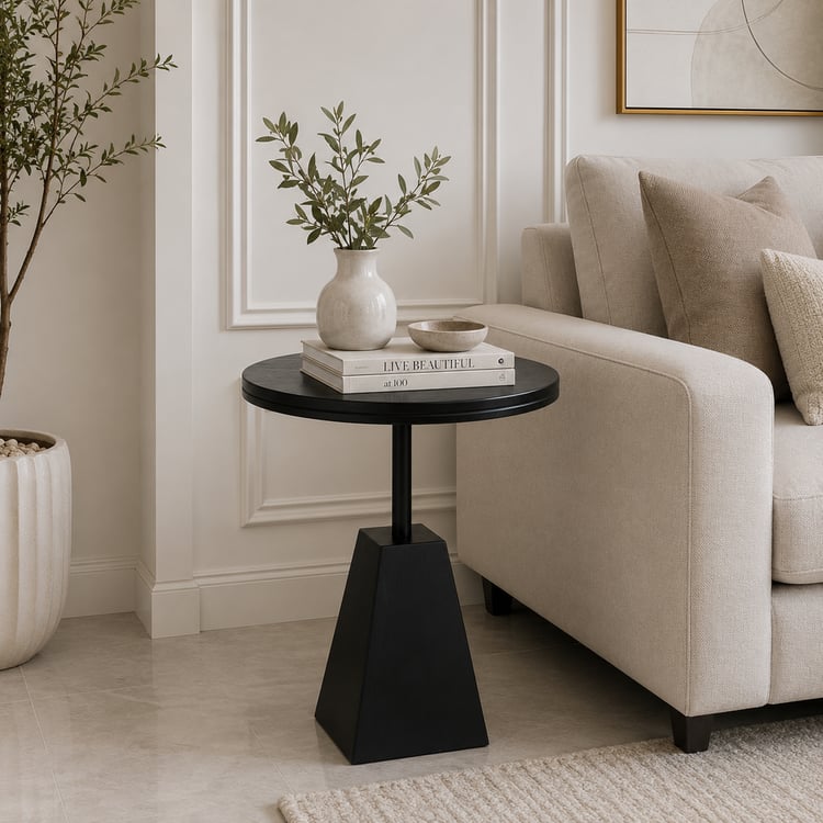 طاولة خدمة لمريتا مدورة بقاعدة معدنية هرمية – طاولة جانبية وطاولة قهوة عصرية بتصميم أنيق للمجالس وغرف المعيشة والديكور المنزلي