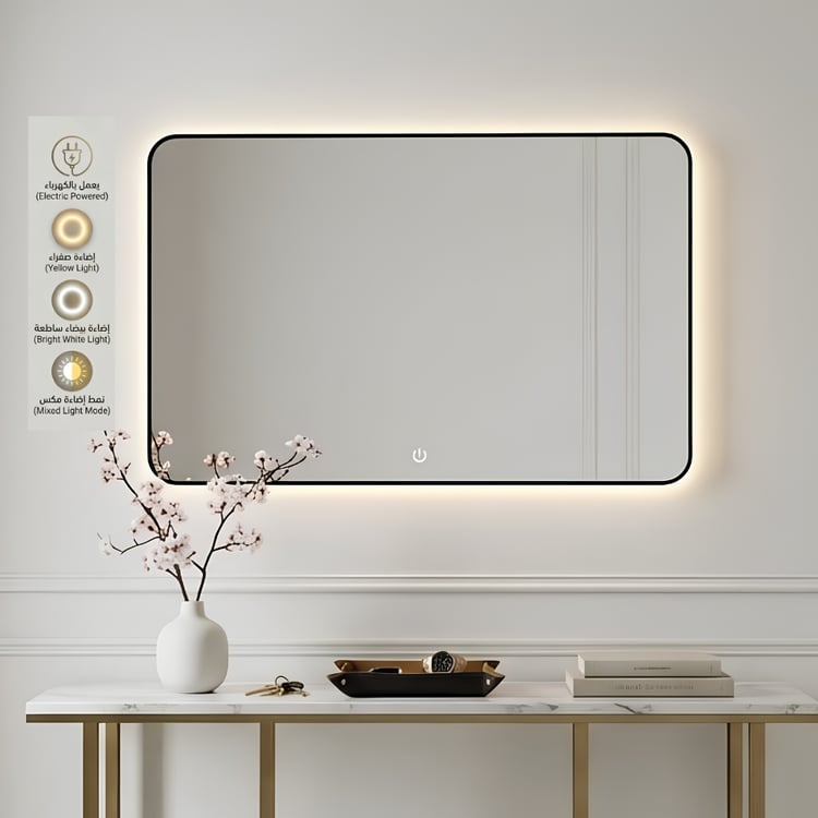 مراية جدارية LED مستطيلة فاخرة 60×80 سم اطار اسود بتصميم فاليكسو أنيق ومودرن للديكور العصري وغرف المعيشة الحديثة