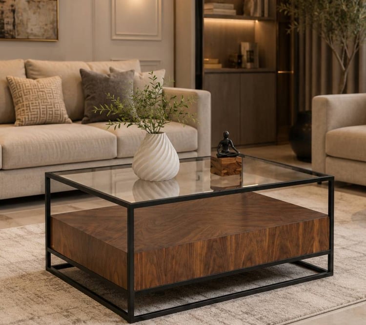 طقم طاولات ضيافة فانديرو مودرن 90 × 90 × 50 سم – طاولة قهوة وسط بسطح زجاج علوي ورف خشبي سفلي بتصميم عصري فاخر متعددة الاستخدامات لغرفة المعيشة والضيافة والديكور المنزلي