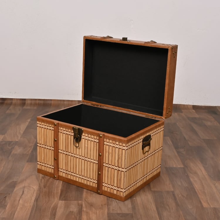 صندوق سجاد خشب ملبس جلد 40×28×30 سم مستطيل لون بني – صندوق تخزين وتنظيم كلاسيكي أنيق بتصميم فاخر وغطاء متين