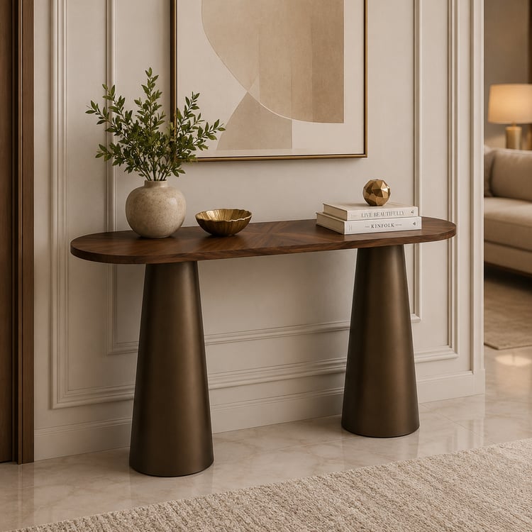 طاولة مدخل نيمفريا خشبية بقواعد معدنية متينة – كونسول مدخل مودرن فاخر بتصميم عصري أنيق، طاولة ديكور متعددة الاستخدامات للمداخل