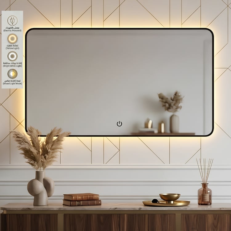 مراية جدارية LED مستطيلة فاخرة 80×160 سم اطار اسود بتصميم فاليكسو أنيق ومودرن للديكور العصري وغرف المعيشة الحديثة