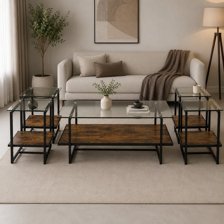 طقم طاولات قهوة ناليسيا الفاخر 1+4 قطع بسطح زجاج لون بني محروق – طاولات شاي بتصميم عصري راقٍ للمجالس وغرف المعيشة والضيافة الأنيقة
