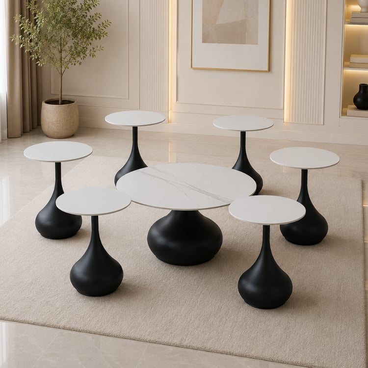 طقم طاولات قهوة زافرو الفاخر 1+6 قطع سيراميك مدورة لون أسود مع فضي – طاولات شاي بتصميم عصري راقٍ للمجالس وغرف المعيشة والضيافة الفاخرة