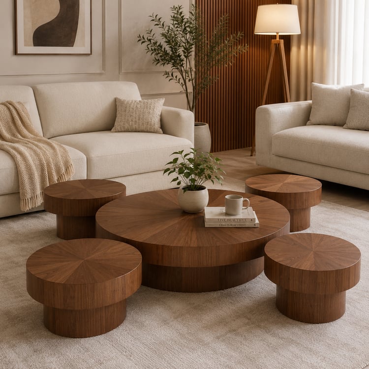 طقم طاولات قهوة رافيلون مودرن 5 قطع (1+4) دائرية خشبية – طاولات وسط بتصميم عصري فاخر متعددة الاستخدامات لغرفة المعيشة والضيافة والديكور المنزل