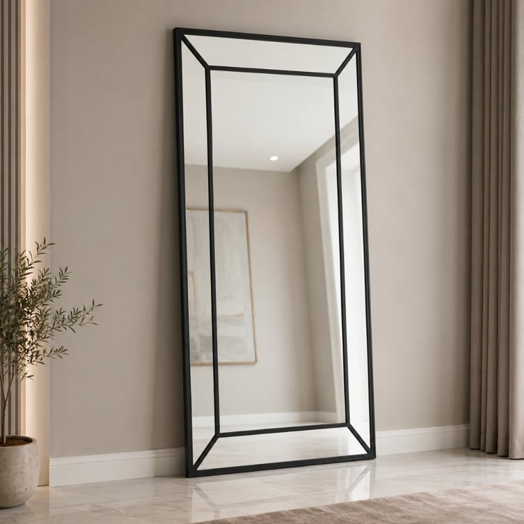 مراية أرضية اليسرفا 180×90 سم لون أسود – مرآة كاملة الطول بتصميم هندسي عصري وإطار مودرن فاخر لغرف النوم وغرف الملابس والمداخل والصالونات