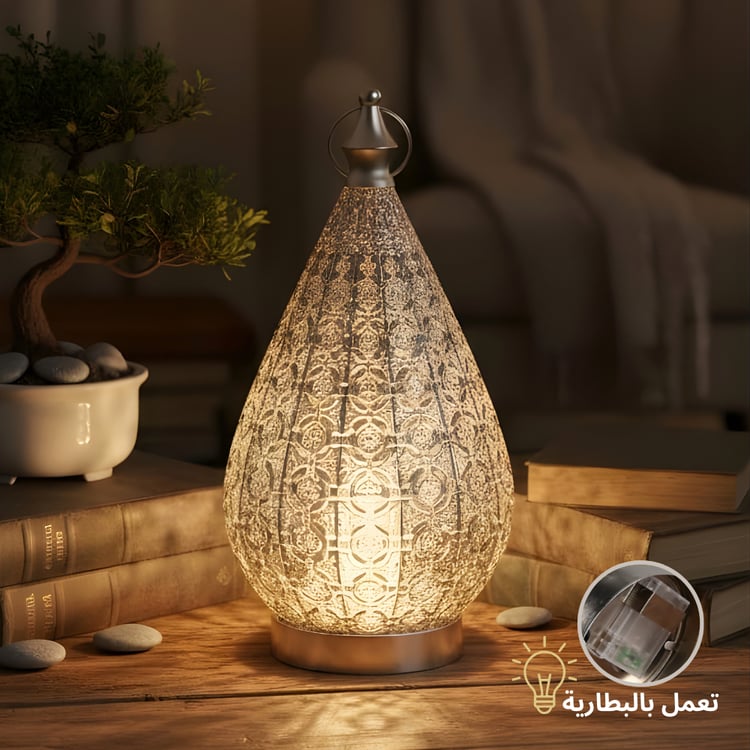 فانوس رمضان ليد فضي فاخر مقاس 38 سم لون فضي – مثالي لديكور المنزل في رمضان