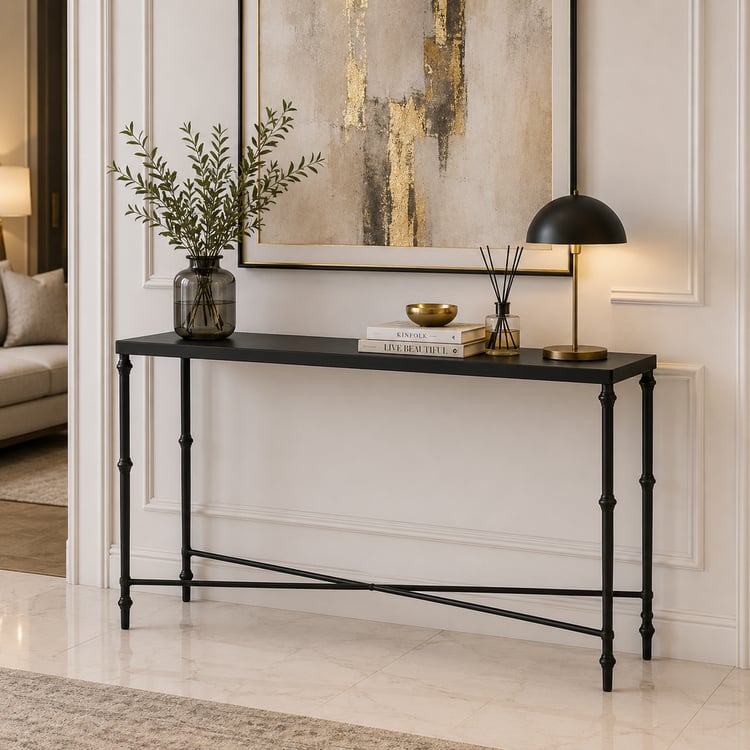 كونسول مدخل لوكسيما 120×40 سم بسطح زجاج أسود – طاولة مدخل فاخرة بتصميم عصري أنيق مع هيكل متين ولمسات ديكور راقية