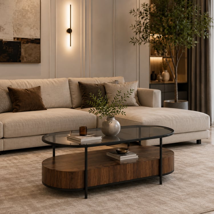 طاولة قهوة سيلاندا مودرن 120 × 60 سم بيضاوية بدورين – طاولة وسط بسطح زجاج أسود ورف خشبي سفلي بتصميم عصري فاخر متعددة الاستخدامات لغرفة المعيشة والضيافة والديكور المنزلي