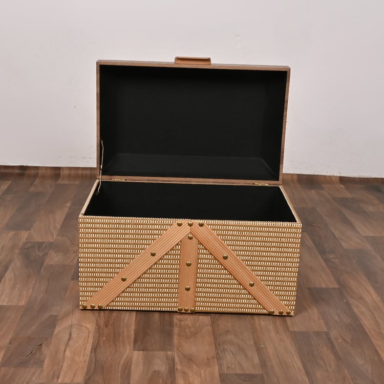 صندوق تخزين سجاد خشبي لون خشبي غامق 49×30.5×31 سم مستطيل – صندوق تنظيم كلاسيكي فاخر مقاس وسط بتصميم أنيق وهيكل متين لغرف النوم والمجالس
