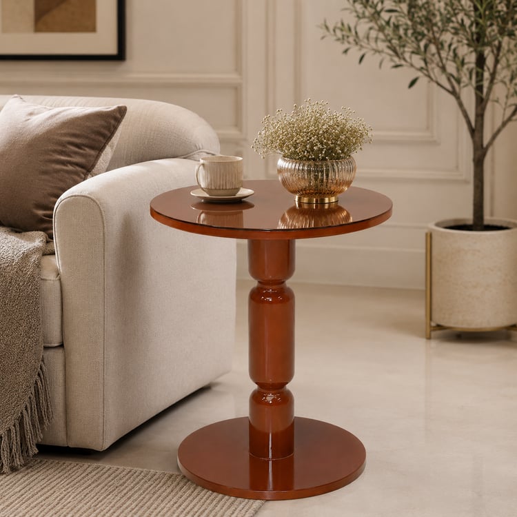 طاولة خدمة نيمرا مدورة مقاس 35×35 سم بسطح زجاج وقاعدة ديكور خشبية – طاولة جانبية وطاولة قهوة عصرية بتصميم أنيق للمجالس
