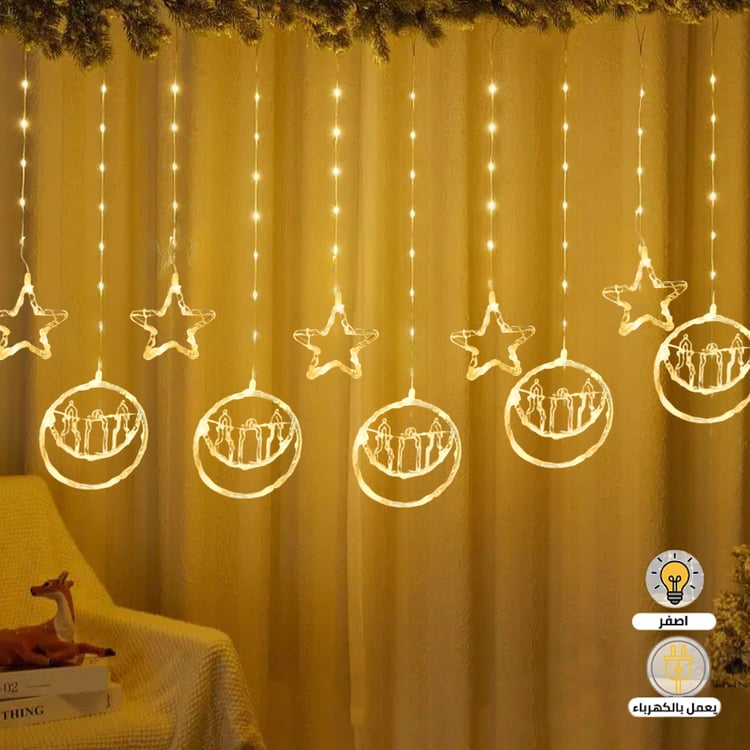 سلك ليد رمضاني يعمل بالكهرباء تصميم نجوم وحلقات – مقاس 300×75 سم زينة رمضان