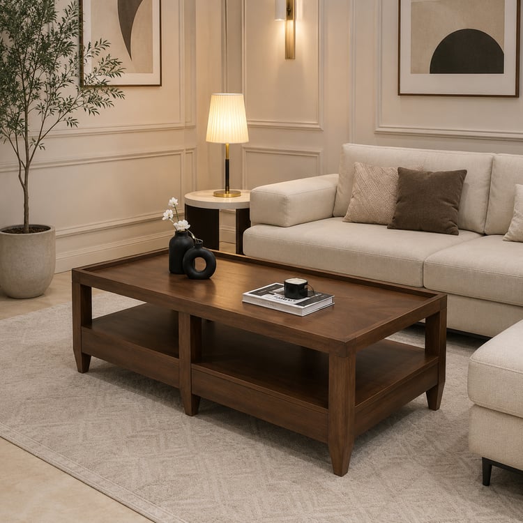طاولة ضيافة داليفرا مودرن 130 × 70 سم خشبية بدورين – طاولة وسط وقهوة بتصميم عصري فاخر مع رف سفلي للتخزين لغرفة المعيشة والاستقبال والديكور المنزلي