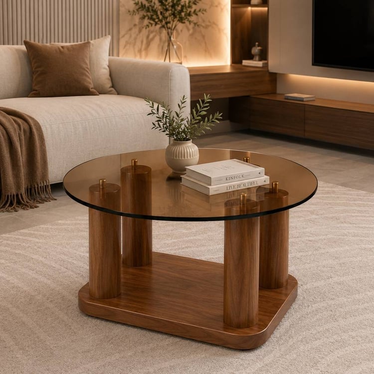 طاولة قهوة كوريلان مودرن مدورة 80 × 80 سم بسطح زجاج وقاعدة خشبية لون بني – طاولة وسط بتصميم عصري فاخر متعددة الاستخدامات لغرفة المعيشة والضيافة والديكور المنزلي
