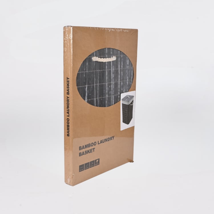 سلة غسيل مربعة مقاس 35×60 سم قابلة للطي بني رمادي غامق مع غطاء خشبي وبطانة داخلية – تخزين وتنظيم الملابس