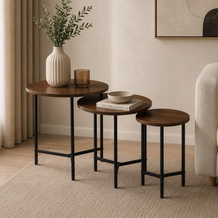 طقم طاولات خدمة جانبية إليسار الفاخرة المتدرجة المدورة 3قطع لون بني – طاولات خشبية بتصميم عصري أنيق يجمع بين الفخامة والعملية ليضفي لمسة راقية على المجالس وغرف المعيشة والضيافة