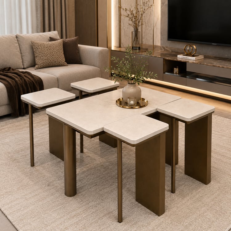 طقم طاولات ضيافة فينتورا مودرن 5 قطع (1+4) بسطح بديل رخام – طاولات قهوة وسط بتصميم عصري فاخر متعددة الاستخدامات لغرفة المعيشة والمجالس والديكور المنزلي
