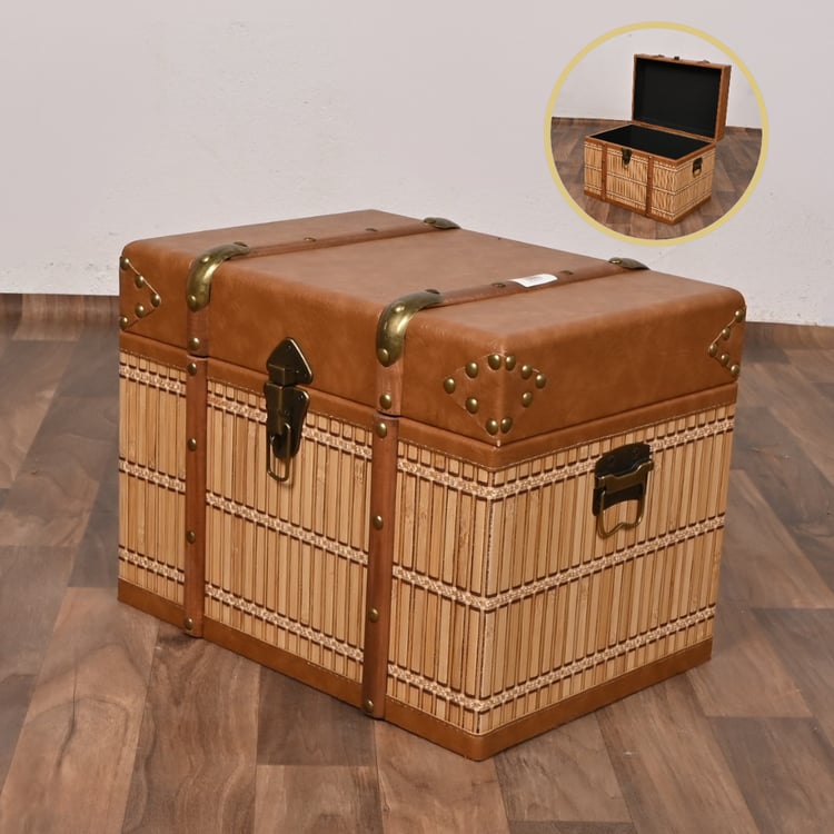 صندوق سجاد خشب ملبس جلد 40×28×30 سم مستطيل لون بني – صندوق تخزين وتنظيم كلاسيكي أنيق بتصميم فاخر وغطاء متين