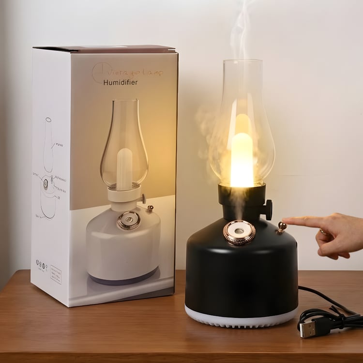 أباجورة LED على شكل فانوس مع فواحة مدمجة لون اسود – إنارة دافئة علوية وسفلية تصميم فاخر لغرف النوم والمكاتب
