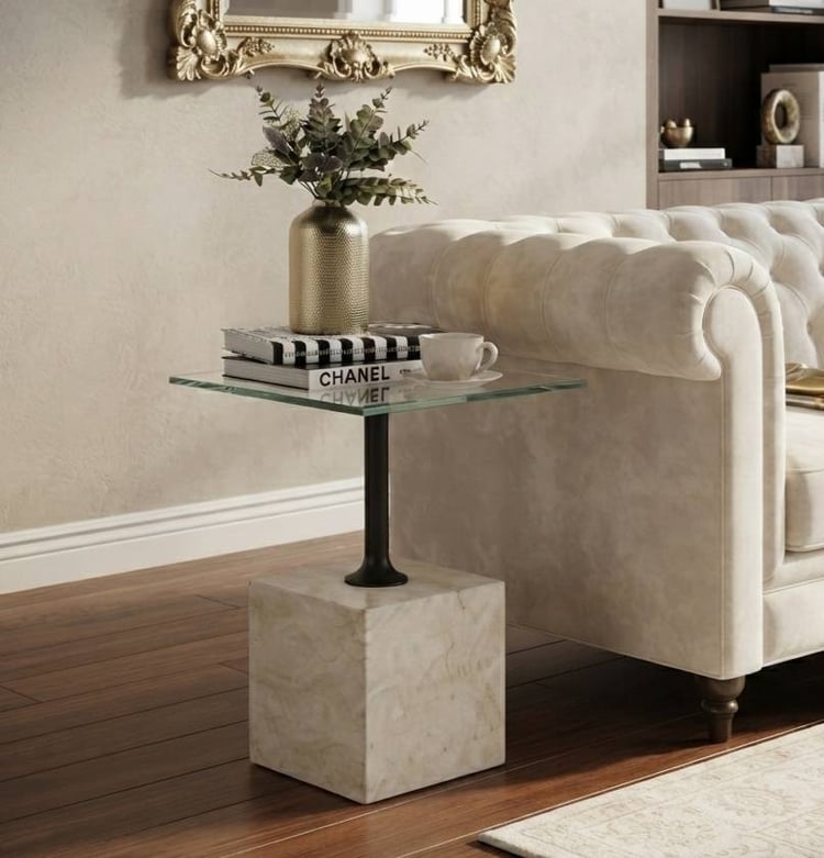 طاولة خدمة ليكساوا مربعة بسطح زجاج وقاعدة بديل رخام مقاس 35×35 سم – طاولة جانبية وطاولة قهوة عصرية بتصميم أنيق