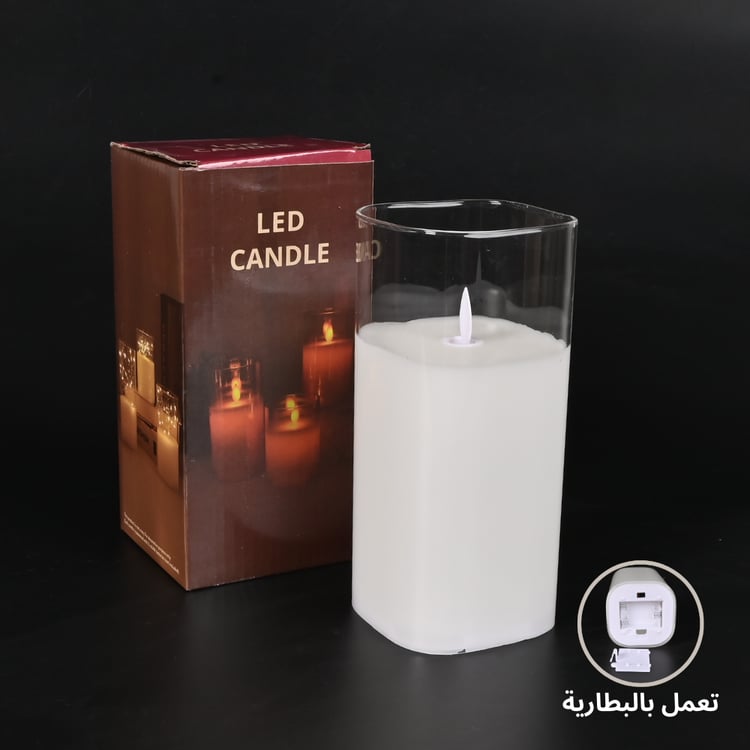 شمعة ليد زجاج 17.5×8 سم مربعة عديمة اللهب لون شفاف – تصميم فاخر من الشمع لإضاءة ديكورية أنيقة ومثالية للمنازل والمناسبات
