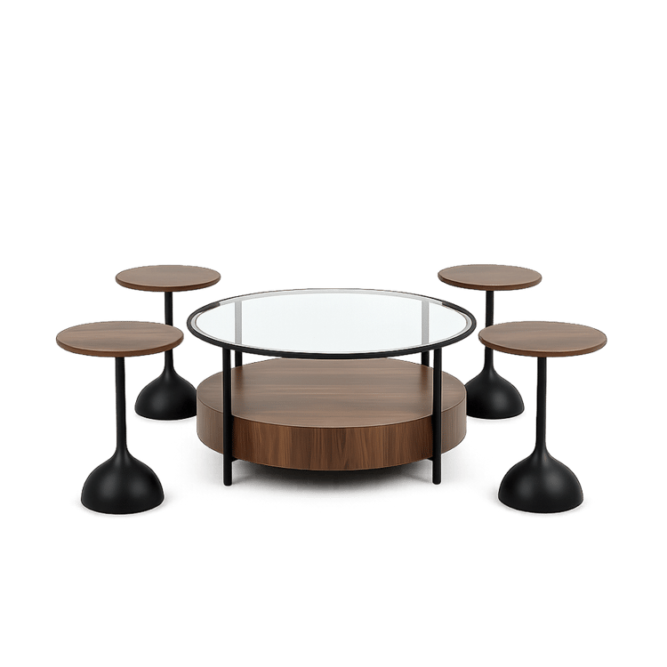 طقم طاولات .رافينتو قهوة وضيافة 5 قطع (1+4) – طاولة وسط بسطح زجاج مع طاولات جانبية مدورة بتصميم فاخر لغرفة المعيشة والاستقبال والديكور المنزلي