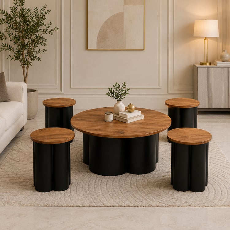 طقم طاولات قهوة سيرافين مودرن 5 قطع (1+4) مدورة بسطح خشبي – طاولات ضيافة وسط بتصميم عصري فاخر لغرفة المعيشة والمجالس
