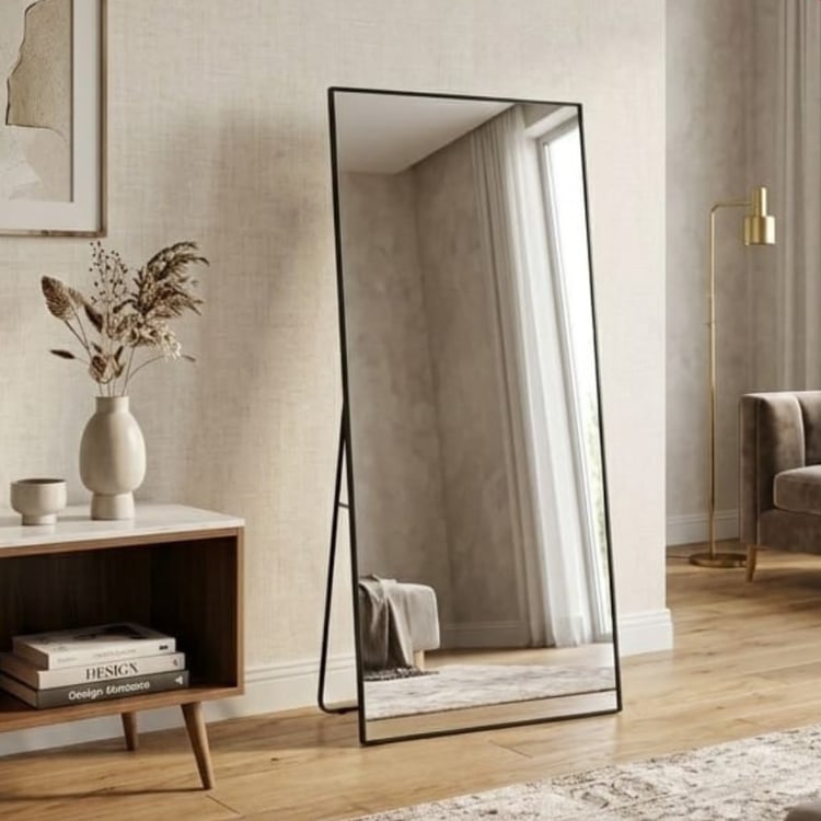 مرآة أرضية مستطيلة 180×80 سم بإطار أسود مع ستاند ثابت – مراية زينوريا ديكور راقي لغرفة النوم والريسبشن