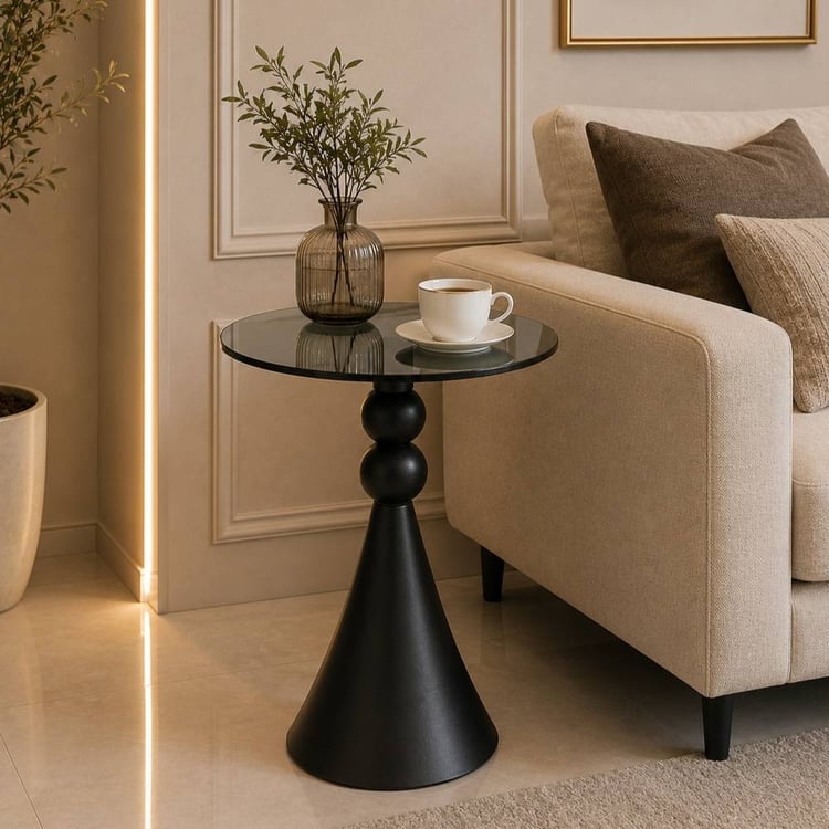 طاولة خدمة تاللفو بسطح زجاج أسود مقاس 40×40 سم وقاعدة رخام صناعي أسطوانية – طاولة جانبية وطاولة قهوة عصرية بتصميم فاخر للمجالس وغرف المعيشة والديكور المنزلي