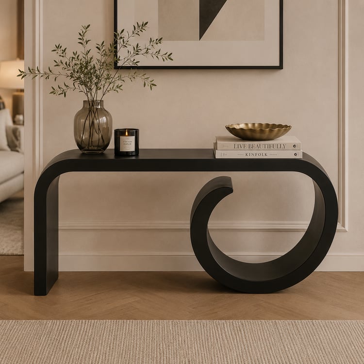 طاولة مدخل استقبال جاليرياس بتصميم منحني فاخر – كونسول مدخل مودرن بتصميم انسيابي أنيق، طاولة ديكور متعددة الاستخدامات للمداخل والممرات