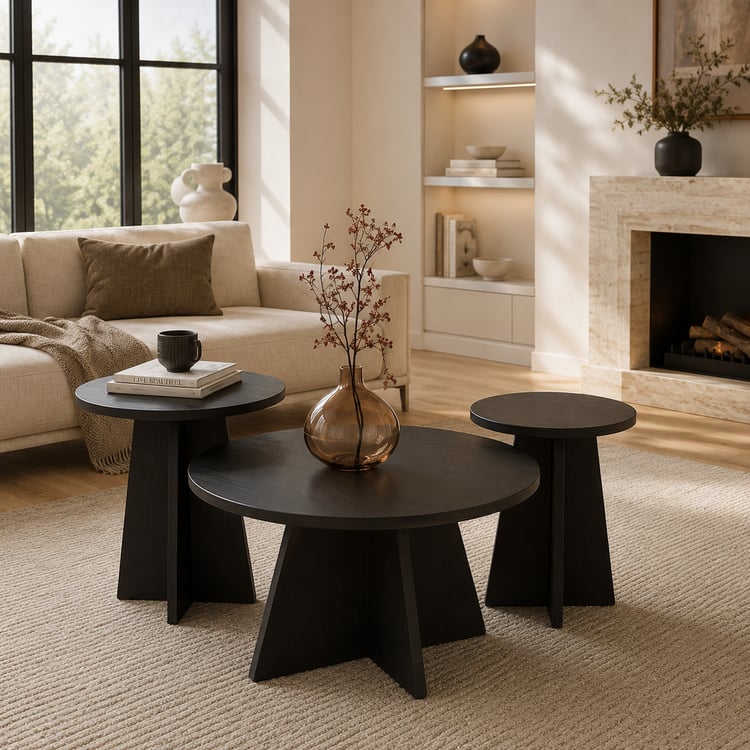 طقم طاولات ضيافة بيانكا مودرن 3 قطع (1+2) مدورة من خشب السنديان – طاولات قهوة وسط بتصميم عصري فاخر لغرفة المعيشة والمجالس والديكور المنزلي
