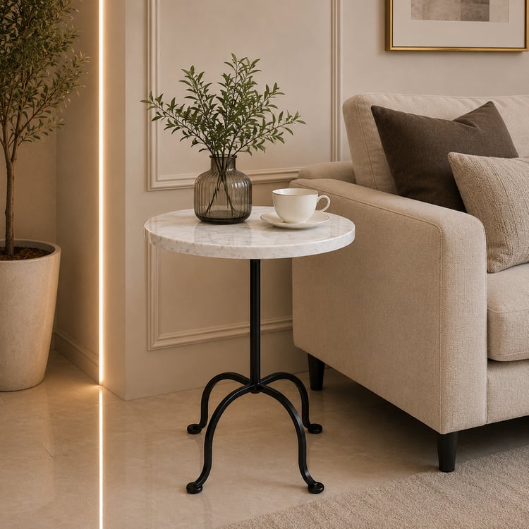 طاولة خدمة ليرافلو بسطح رخام صناعي مقاس 35×35 سم مع أربع أرجل معدنية – طاولة جانبية وطاولة قهوة عصرية بتصميم أنيق للمجالس