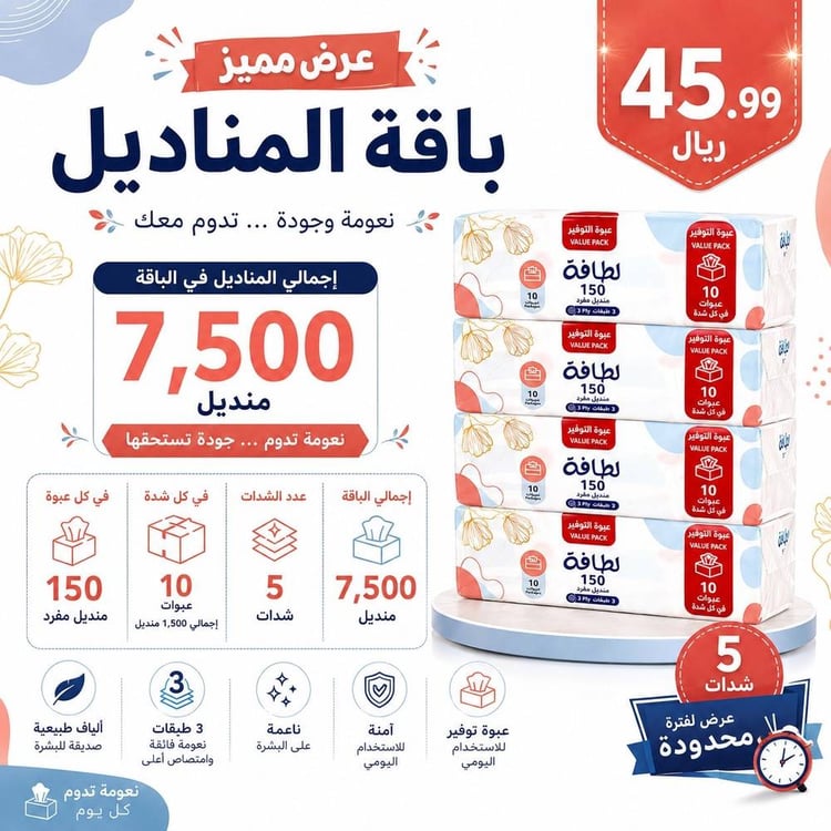 بكج مناديل ورقية فاخر 50 عبوة × 150 منديل – مناديل ناعمة عالية الجودة وعالية الامتصاص للاستخدام اليومي والضيافة في المنزل والمكتب والسيارة