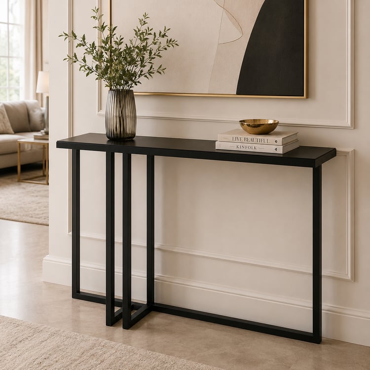 طاولة مدخل ترينافو 120×40 سم بسطح زجاج أسود – كونسول مدخل مودرن فاخر بتصميم عصري أنيق، طاولة ديكور متعددة الاستخدامات للمداخل والممرات وصالات الاستقبال