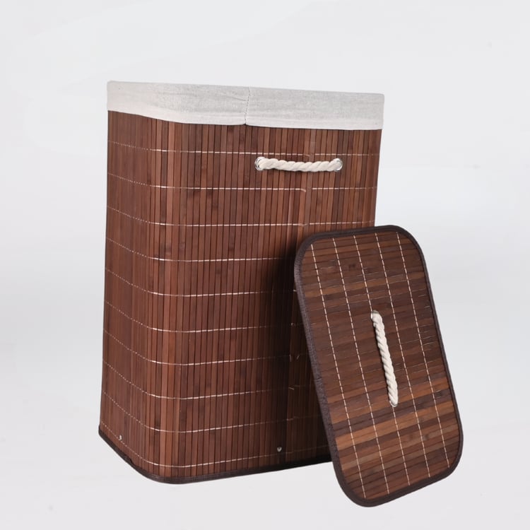 سلة غسيل مستطيلة مقاس 40×30×60 سم قابلة للطي بني غامق مع غطاء خشبي وبطانة داخلية – تخزين وتنظيم الملابس