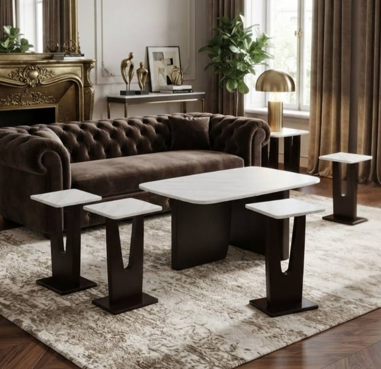طقم طاولات ضيافة ريلونتي مودرن 5 قطع (1+4) بسطح بديل رخام – طاولات قهوة وسط بتصميم عصري فاخر متعددة الاستخدامات لغرفة المعيشة والمجالس