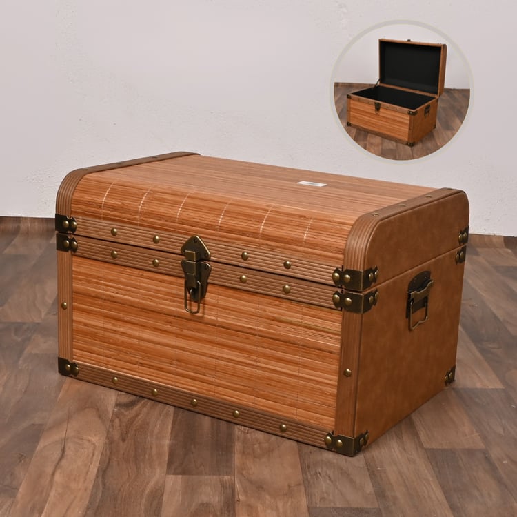 صندوق سجاد خشب ملبس جلد بني مع خشبي 50×35×31 سم مستطيل – صندوق تخزين وتنظيم كلاسيكي فاخر مناسب لغرف النوم والمجالس