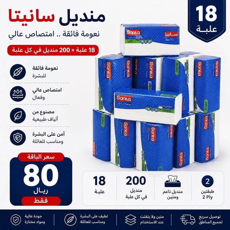  كرتون مناشف سانيتا 200 ورقه شد 18 باكت 