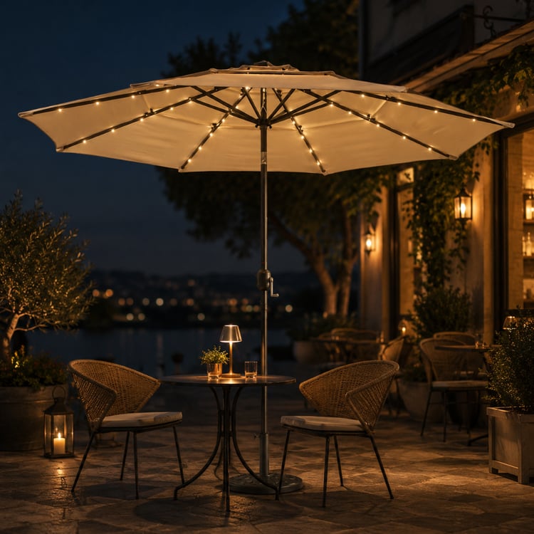 مظلة مارينولفا الخارجية الفاخرة المدورة مع إضاءة LED لون بيج غامق – مظلة حديقة أنيقة بتصميم عصري راقٍ للجلسات الخارجية والحدائق والتراسات والاستراحات الفاخرة
