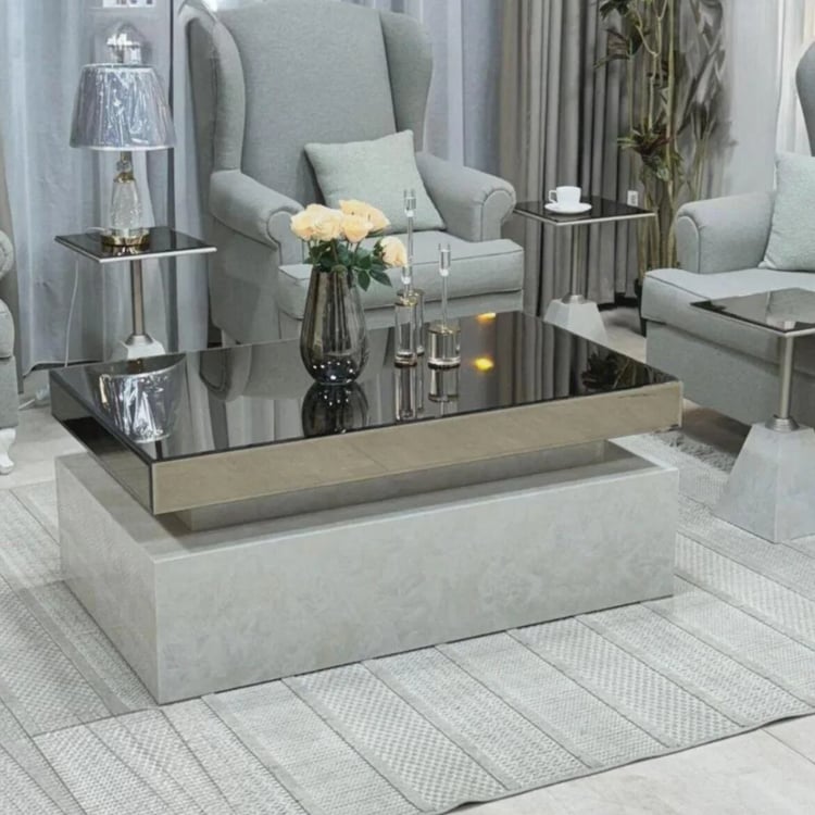 طقم طاولات ضيافة رافيلدا مودرن 5 قطع (1+4) بسطح زجاج وبديل رخام – طاولات قهوة وسط بتصميم عصري فاخر لغرفة المعيشة والمجالس والديكور المنزلي