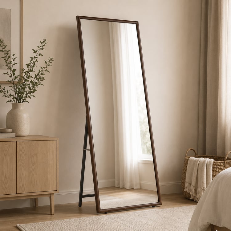 مراية طويلة كولينزا 180×70 سم بإطار خشبي ومعدني كوفي – مرآة أرضية كاملة الطول بتصميم عصري فاخر لغرف النوم والمداخل وغرف الملابس
